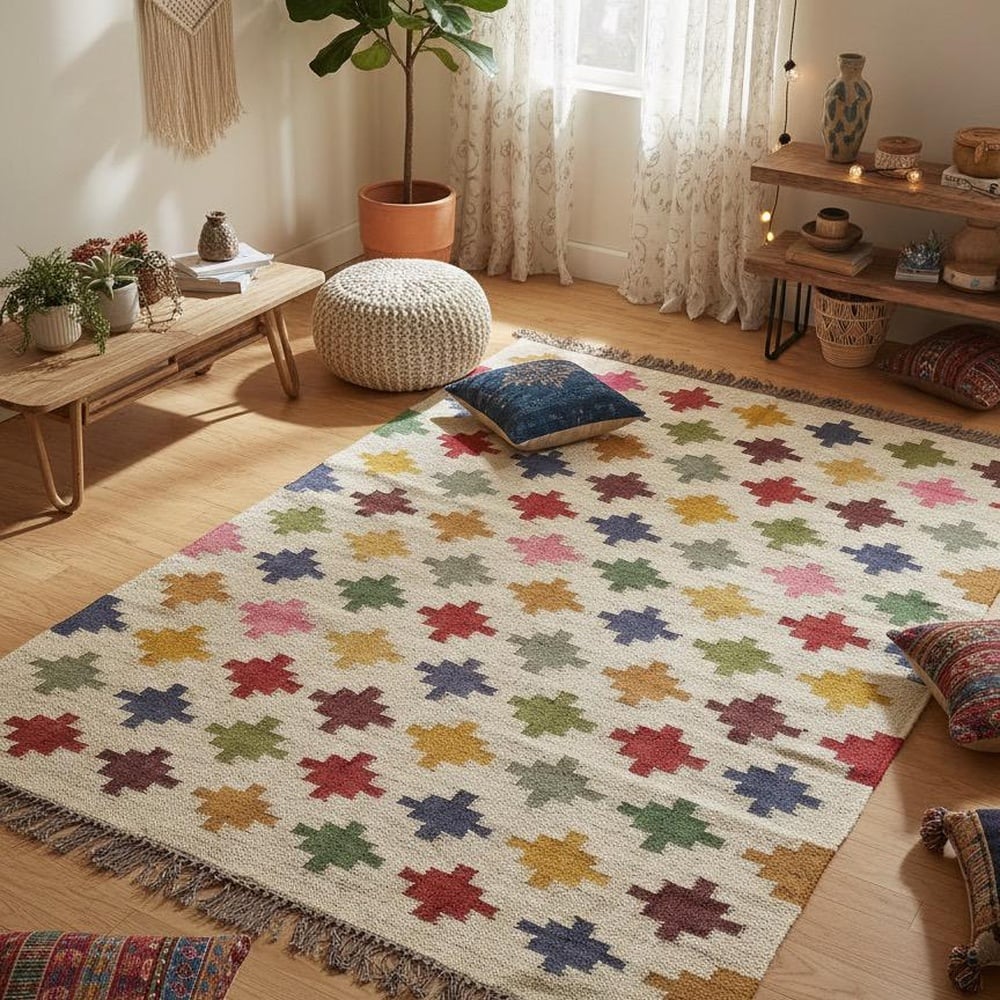 Handmade Multicolor Jute Vintage Dhurrie For Home